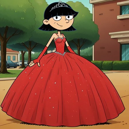 score_9_up,score_8_up,score_7_up,score_6_up,score_5_up,score_4_up BREAK rhonda,black hair, black eyes, bob cut, blunt bangs, Very large red floor length gown, ball gown, rhimestones. She is also wearing a tiara, hoop skirt, dome shape skirt, quinceanera, prom, pageant, long elbow length red fingerless Satin bridal gloves, contrapposto, hand on own hip, park, tree, building,smile,arm at side, leaning to the side, dutch angle, looking at viewer,    <lora:RhondaPony:1>