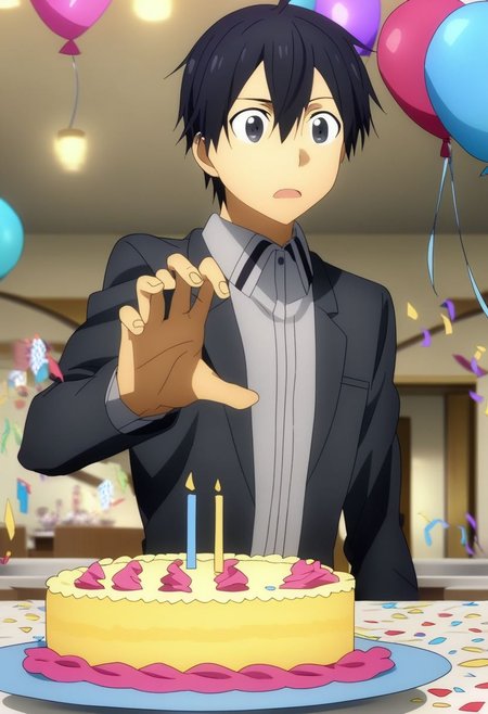 high resolution, professional photography, solo, best quality, 1Boy, Kazuto Kirigaya, Black Hair, Black Eyes, surprise, birthday surprise, funny, birthday cake, birthday party, OverallDetail