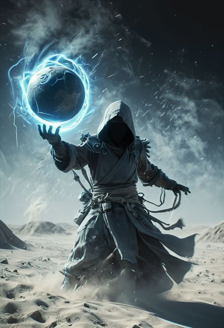 Capture the essence of a weathered, worn-out cyborg ninja amidst a swirling dust and electricity storm. Bent forward, obscured beneath a large, round sedge hat, their face barely visible. With arms outstretched, each hand holds a hovering, semi-molten translucent blueish-turqoise orb. Against the backdrop of the moon, they stand in a desolate, bleached white sand desert.. spelling to ring like Pokemon Ball in each hand, casting two Pokemon Balls, deep blacks, high contrast,
 very detailed, atmospheric haze, Film grain, cinematic film still, shallow depth of field, highly detailed, high budget, cinemascope, moody, epic, OverallDetail, gorgeous, 2000s vintage RAW photo, photorealistic, candid camera, color graded cinematic, eye catchlights, atmospheric lighting, skin pores, imperfections, natural, shallow dof