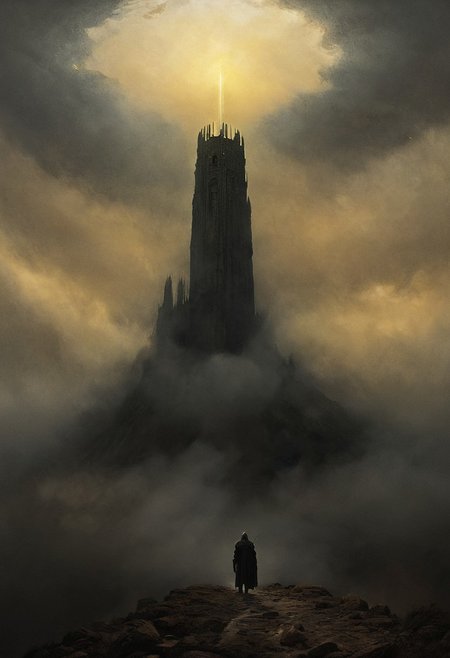 Impossibly tall black tower on the top of a mountain, tower extending through the clouds, a lone knight walks towards the tower from the viewer, sense of scale, landscape, gray stone, digital artwork by Beksinski, subtle colors, yellow and gold theme, tarnished gold, bright glittering gold, golden highlights, golden ring of light, gold halo, dark haze, grim, bleak, very dark lighting, epiCPhoto, very long yellow lightning,