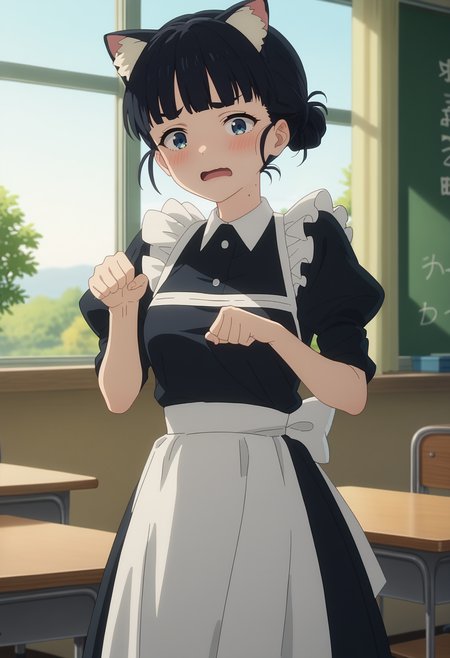 score_9, score_8_up, score_7_up, anime screencap, source_anime, 1girl, solo,
<lora:Tiara_Basori_Makeine_V1:.85>,  KJOtiara, black hair, blue eyes, single hair bun, blunt bangs, mole on neck,
maid outfit, white pantyhose, cat ears, 
embarrassed, open mouth, looking at viewer, blush, wariza, paw pose, 
classroom, sunset, indoors, window,
(Beautiful, medium Breasts:1.2),