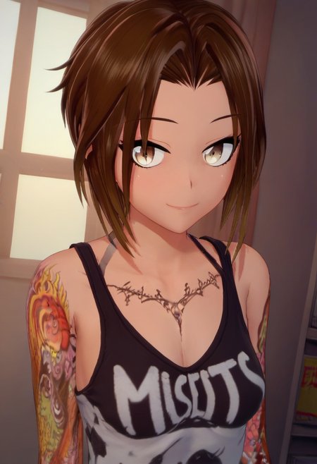 zPDXL, zPDXLxxx, score_9, score_8_up, score_7_up, score_6_up, score_5_up, score_4_up, BREAK <lora:Rika_Rokuhara_Lessons_in_Love_for_PonyXL:0.8>, rika_rokuhara, 1girl, solo, tattoo, arm tattoo, looking at viewer, tank top, shirt, short hair, smile, indoors