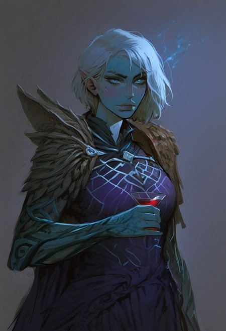 score_9, score_8_up, score_7_up, BREAK,
1boy, portrait, beautiful, drow wizard, dark elf, white hair, (Bob cut:1.3), side bangs, Pale white skin, pale blue skin, Mage, black lipstick, black eyeliner, turquoise eyes, purple spidersilk armor, spiderweb silver motif, silver ankh necklace, glowing eyes, holding a glass of red wine, platinum rapier at right hip, knapsack tied to left hip, full body, effeminate male, feminine, kind eyes, gentle face, loving smile, pouty lips, (smug:0.85), dramatic lights, regretful look, shameful look, contemplative look
<lora:Fant5yP0ny:0.6> <lora:fantasy_world_pony:0.9> <lora:Cherry-Gig:0.55>,