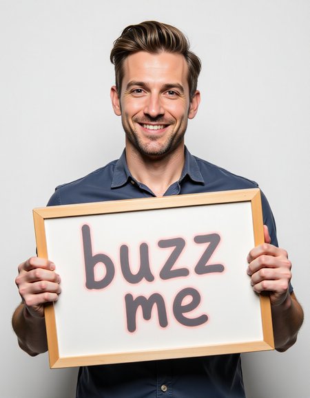 <lora:TextimproverV0.4:1> handsome man holding sign it says "buzz me"