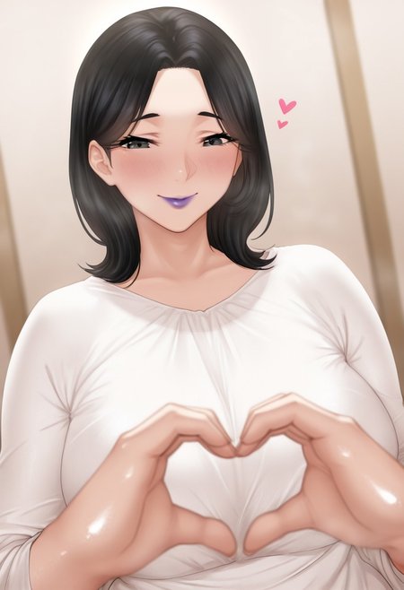 , 1girl, solo, medium build, medium hair, sfw, safe for work, covered skin, flowy dress,  black eyes, purple lipgloss, smiling, portrait, upper body, heart hands, mature female, foreshortening, detailed, newest, shiny skin, cowboy angle, solo focus, medium breasts, kymp