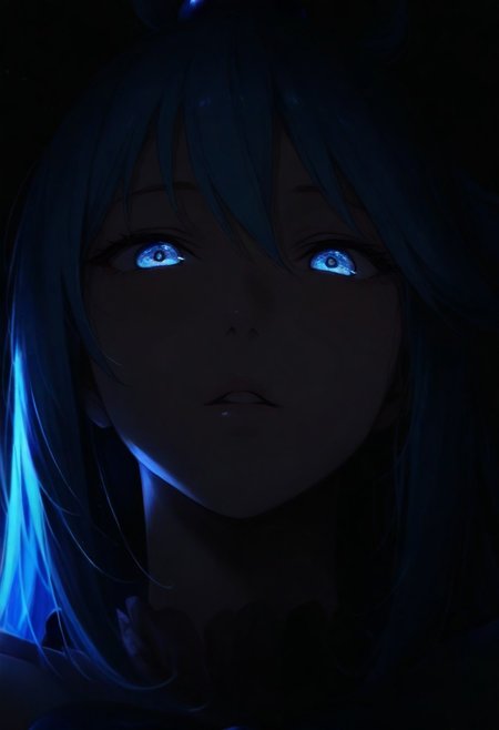 1girl,Aqua (KonoSuba), solo, dark, light, masterpiece, best quality, very aesthetic, close up,  parted lips