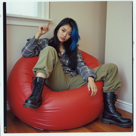Polaroid  photo of a young woman around 19, Asian American. Mixed Japanese and philipina ethnicity.
Alt style, slightly 1990s Seattle and early 2000s hot topic aesthetics in her dress and makeup. Hint of emo or scene girl style. Tomboy and goth style and attitude.
The woman is reclining on a red beanbag chair, looking stunning and casual. She's looking off to the side in a candid moment. Indoors, flash photography. 1990s film stock and grain.
She's wearing a baggy grey flannel shirt over a tight tank top. Baggy khaki cargo pants with combat boots. Long black hair with a bright blue highlight. Actual 1995 film print photography, Amateur photography, 2005 blog