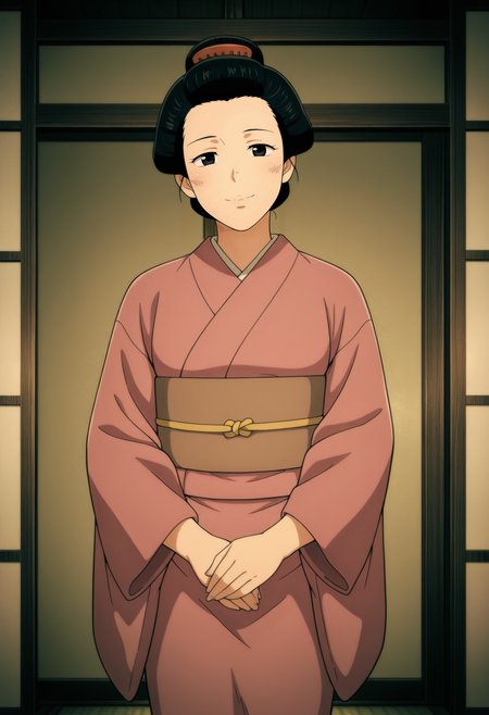 1girl,solo,mm,mature female,black hair,black eyes,single hair bun,hair ornament,anime coloring,
japanese clothes,pink kimono,obi,sash,own hands together, cowboy shot, looking at viewer, smile,indoors,ryokan
,masterpiece,best quality,amazing quality,<lora:Hatago_Maid-Thermae_Romae_Novae:0.8>