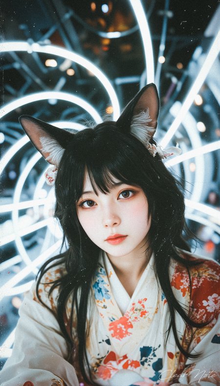 Neo Photorealistic Art Style, A Japanese girl with fox ears and flowing black hair wears a floral white furisode. She embodies Neo-Japan futurism, set in a surreal, intricate white background of modern complexity.