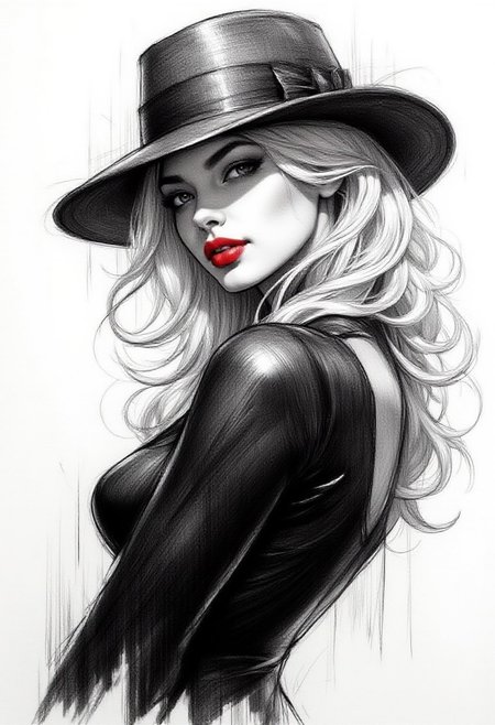 Pencil drawing, black and white, pencil strokes, 
A black and white pencil sketch style, line art drawing dark, A black and white pencil sketch style,  
 Closeup of a dark villainess wearing a fedora with a shadow that covers part of her face, she is wearing a latex bodysuit that accentuates her figure. She is bending over slightly, her body tilted towards the viewer seductively. She has white hair and is wearing bright red lipstick. She has an alluring smile that makes her look conniving.
