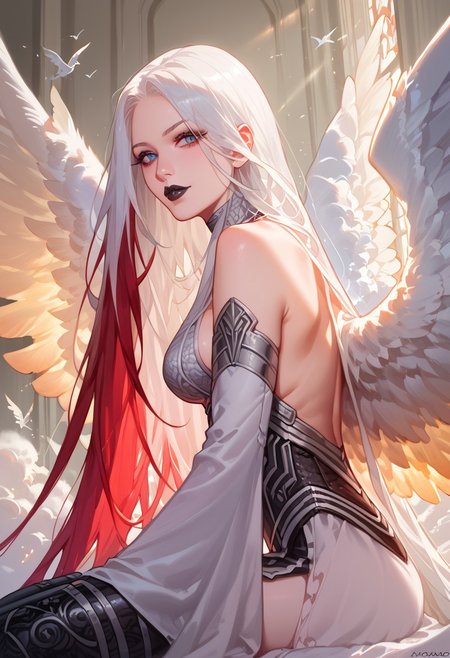 score_9, score_8_up, score_7_up, source_anime,
 1girl, AVACYN, very long hair,bottomless,sideboob,white hair,feathered wings,thighhighs,angel wings,angel,avacyn,black lipstick,sitting,looking at viewer,close up,highres,masterpiece,high quality,detailed, intricate details, realistic, FaceDetail, stunning,red hair ends