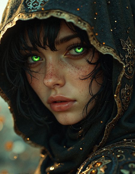 A mesmerizing close-up of a mysterious rogue, their piercing emerald-green eyes glowing with ethereal intensity, framed by dark, slightly messy strands of hair. The face is partially concealed by an intricately designed black hooded cloak, adorned with cryptic metallic patterns that shimmer under fragmented golden light. Dramatic shadows dance across the character's delicate yet intense features, revealing intricate skin textures with subtle scars and hidden runes. The fabric covering part of their face is woven with intricate symbols, exuding an ancient and enigmatic aura. The light source casts a breathtaking contrast, highlighting the mystique of their presence. Hyper-detailed rendering with cinematic lighting, ultra-realistic reflections on metallic elements, dynamic composition, and photorealistic facial anatomy. A blend of cyberpunk mysticism and fantasy realism with a focus on hyper-stylized aesthetics and immersive atmosphere.
 <lora:MoriiMee_Gothic_Niji_Style_FLUX:0.5> <lora:realism_lora_comfy_flux_converted:0.5>