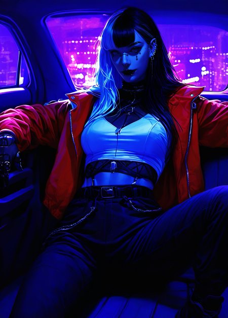 realistic,  
masterpiece, best quality, amazing quality, highres, absurdres, very aesthetic, very awa,expert shading, ultra detailed, UHD, 8K,
BREAK, 
(N3onSp3ctra:1.1),realism, 1girl, shoulder length hair, multi color hair, orange soft diffused lighting, looking at viewer, piercing, jacket, solo, jewelry, car interior, long bangs, asymmetric bangs, black lips, white top, red jacket, car backseat, relaxed pose, confident pose, leaning back, one leg up, cyberpunk, realism <lora:NeonSpectra-000009:0.85>