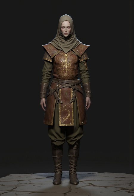 Bandit dressed in a medieval fantasy  Adventurer Set 
 wearing distinctive layered armor. The character has a sturdy leather breastplate decorated with an eye-catching dragon skin pattern in copper or bronze tones. Their outfit consists of olive green padded clothing underneath, with short pants and wrapped arm guards. A light head wrapping and simple circlet protect their head, while practical leather boots complete the outfit. The armor design suggests a blend of protection and mobility, suited for traversing rough terrain. The color palette harmonizes earthy tones - browns, greens, and copper. The overall style appears influenced by fantasy RPG character design, with a practical adventurer's aesthetic that balances form and function.
 Their face is obscured by shadows.
Standing on a flat gray ground  and black background, the camera angle is high rotated at a 45 degree angle
Set against a solid dark black color background to emphasize its unnatural form that emphasizes its silhouette. The medium is not a traditional painting or illustrative medium like watercolor or ink but rather a digital 3D rendering.
MikeFranchinastyle, bbstyle,, horror theme,, ZBClay model of a gray sculpture, zbrush, d4arks0uls, overcast lighting, jedioutfit