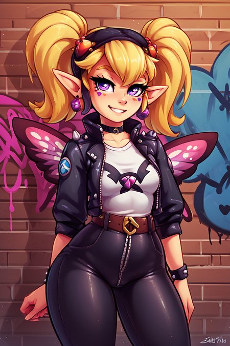 score_9, score_8_up, score_8, medium breasts, (curvy), cute, eyelashes,       BREAK, , <lora:Agitha_Zelda_PDXL:0.8>,  zzAgitha, purple eyes, blonde hair, twintails, pointy ears, butterfly wings, , BREAK, smile, looking at viewer,  leather jacket, leather pants, black jacket, tight pants, black choker, zipper, biker clothes, spikes,  multiple belts, shiny clothes, high collar, (graffiti:1.2), brick wall, cowboy shot, embedding:zPDXL, Expressiveh, <lora:theOtherHalfPDXL:0.8>,  <lora:CatalystStylePDXL:0.6>,  <lora:SDXLFaeTastic2400:0.5>,  <lora:Expressive_H-000001:0.4>,