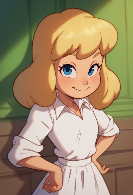 score_9, score_8_up, score_7_up, high quality, highres, Heloise Nerz, 1girl, blue eyes, bangs, white dress, white skirt, white collar shirt, medium hair, blonde hair, rolled up sleeves, flat chested, young, petite, small body, short body, child, smile, standing, looking at viewer, cute, closed mouth
