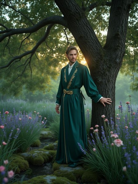 <lora:Refined_Beauty_v1_style.safetensors:1> RefinedBeauty_DA
In the gentle light of a midsummer evening, a tranquil garden comes to life. The figure, no longer shrouded in mystery, stands beneath an ancient oak tree, its branches heavy with the weight of time. Dressed in a soft, flowing robe of deep emerald, the man, perhaps in his late forties, exudes an air of serene contentment. His attire, though not the traditional Victorian garb, carries the grace and elegance of a bygone era. The robe is adorned with delicate gold embroidery, which catches the fading sunlight, casting a gentle, warm glow around him.
The man’s face, previously marked by the ghostly highlights, now bears a peaceful expression. His eyes, a deep hazel, reflect the tranquility of the setting, and his lips are curved in a subtle, contented smile. The soft, neon-like highlights that once gave him an otherworldly charm have transformed into a gentle, ethereal light, as if the very air around him is infused with a sense of calm.
Around him, the garden is a tapestry of serene beauty. Flowers of soft pastels—pinks, lavenders, and pale blues—sway gently in the light breeze. The air is filled with the sweet scent of lavender and roses, and the sound of a gentle stream can be heard in the distance, adding to the overall sense of peace. The ground is covered with a lush, green carpet of moss, dotted with small, delicate wildflowers.
The figure stands still, his hands resting gently on the bark of the oak tree, as if in a meditative state. The intricate shading that once added tension to the scene has softened, creating a harmonious blend of light and shadow. The atmosphere is one of complete relaxation, where every element contributes to a sense of ease and contentment. The transformation from a mysterious, ghostly figure to a serene, tranquil presence enhances the overall appeal and mood of the image, inviting the viewer to linger and find their own sense of peace within the scene.