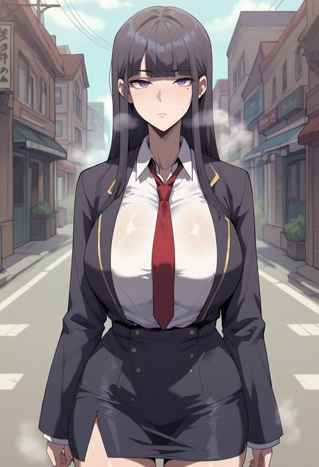 score_9, score_8_up, score_7_up, score_6_up, source_anime, rating_explicit, 1girl, solo, huge breasts, <lora:Park Ye-rim prefectPonyxl:0.8> long hair, mole under eye, black hair, blunt bangs, sidelocks, purple eyes, black jacket, red necktie, white shirt, collared shirt, long sleeves, pencil skirt, black skirt, expressionless, Narrow shoulders, heavy breathing, steaming body, street, outdoors, looking at viewer