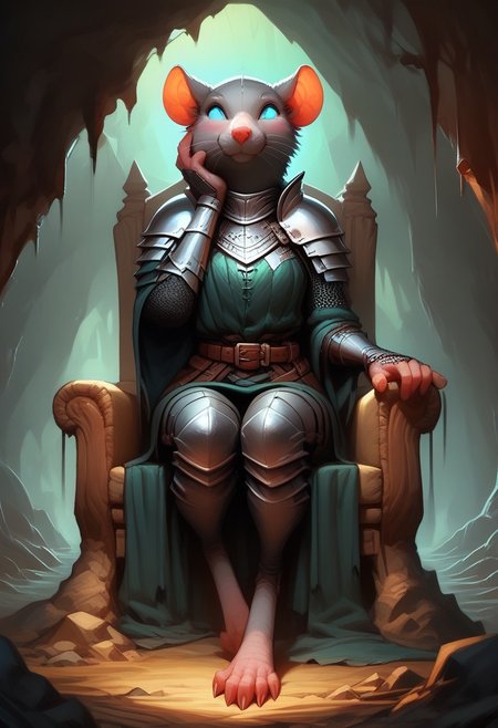 score_9, score_8_up, score_7_up, score_6_up, 1 anthro skaven girl, sexy face, wearing knight female armor, wearing helmet, sword in hand, cute face, blue eyes, hazel red eyes, shy, nose blush, medium boobs, chest up, grey fur, bald, fullbody, smirking, (dark green glowing cave background), front view, full body view, distance, sitting on armchair,