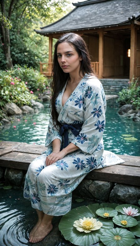 score_9, score_8_up, score_7_up,  BREAK
(masterpiece, best quality), (photorealistic:1.5), 1girl, long dark hair, wearing a light yukata with floral patterns, sitting on the edge of a pond, dipping feet in the clear water, calm and peaceful expression, highly detailed face, natural lighting, traditional Japanese wooden house, lush green surroundings, sunlit environment, detailed water reflections, intricate textures, serene garden atmosphere, depth of field, volumetric lighting, high dynamic range, detailed background, summer day, tranquility and peace