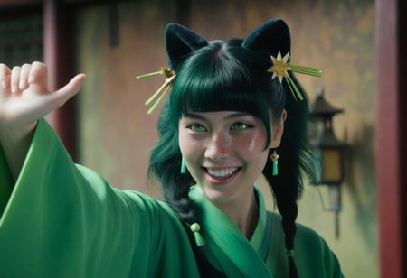 masterpiece, best quality, 8k, amazing quality, photorealistic, scinematic, Volumetric lighting, depth of field, wide angle, cinematic, realistic. 1girl, solo, <lora:Mao Mao:1> ma0ma0_default, green hair, long hair, blunt bangs, hair ornament, twintails, star eyes, freckles, hair over shoulders, multi-tied hair, half updo, chinese clothes,green hanfu, wide sleeves, long sleeves, looking at viewer, smile, animal ears, cat ears, animal ear fluff, excited, open mouth,