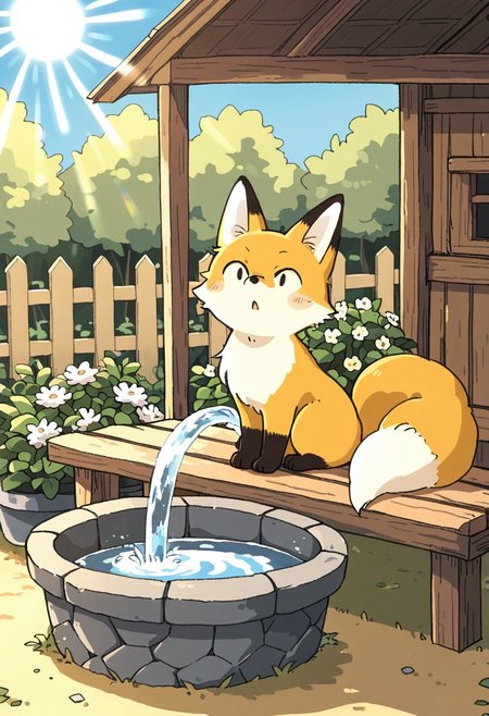 (masterpiece, best quality, high quality, highres), very awa, highres, absurdres,
(fuamusea:0.8), makoto shinkai, chii-kun \(seedyoulater\), (naguru \(cyoroama\):0.8), 
(fox:1.2), (no humans:1.1), paws, fur, (cute:1.2), comfy, solo, 
surprised, silly, OO,
water trough, garden, barn, bench, day, sunlight, sun rays, beautiful background,