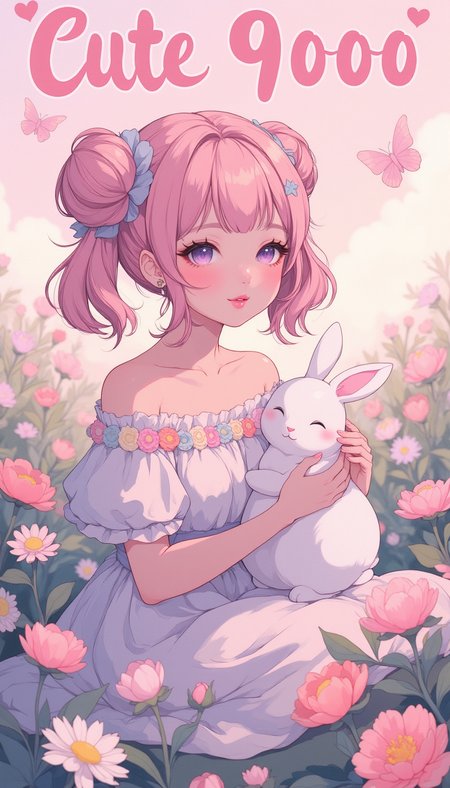 pinksoftcoreanime, 
A pastel pink wonderland filled with blooming flowers in shades of blush, lavender, and baby blue, with soft sparkles in the air. A cheerful woman with pastel pink hair styled in twin buns, wearing a flowy off-shoulder dress adorned with tiny floral embroidery. Sheâs sitting in a field of daisies, gently holding a fluffy white bunny while butterflies flutter around her. Above her, the text âCute 9000â in a bubbly, candy-like font, with heart accents and a subtle glow.