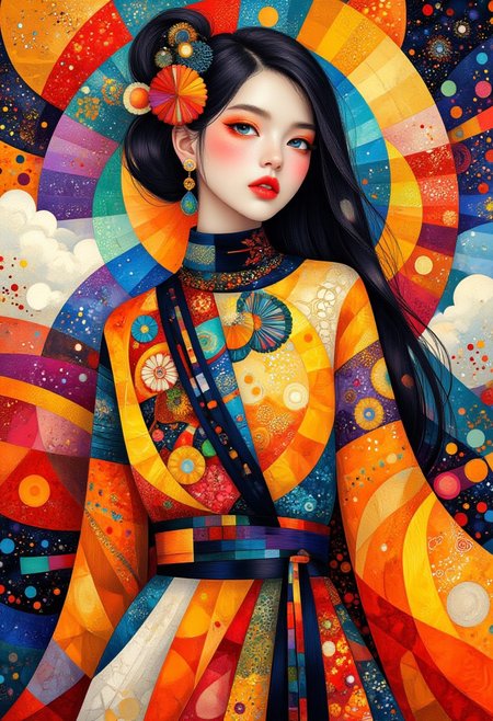composition art, funk art, colorful and minimalistic style, clean lines, smooth curves, and sleek contours, with bold outlines, crisp shapes, and sharp edges, image of an oriental woman in haute-couture clothing