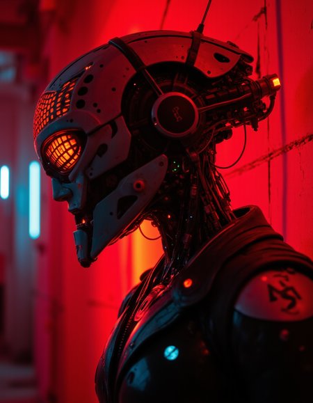 A profile portrait a biomechanic robot with shadows cast across the strange mask, standing in a moody, cinematic environment. The red lighting is solely focused on the subject, filtered through a grid, creating intricate, patterned shadows. The rest of the scene fades into cold cyan darkness. Neon glows, sparks, wires, cables, and sci-fi elements enhance the scene, with complex details throughout. The shallow depth of field, film grain effects, heightens the high-budget, dramatic atmosphere. Textures, small detales aesthetic blends intricate, surreal design with a grainy.   <lora:artisketchyfs-v02:0.85>