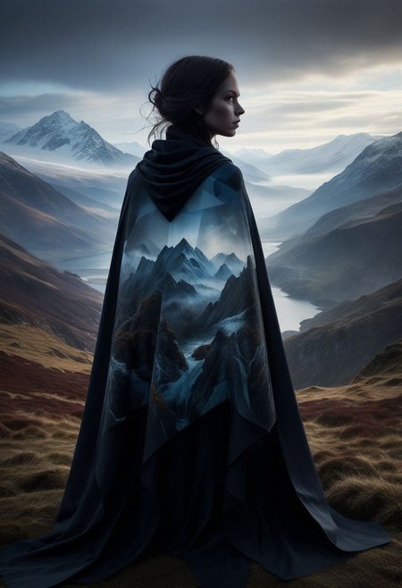 mysterious silhouette gothic woman in cape, misty mountains, goddess, alluring, by Minjae Lee, Carne Griffiths, Emily Kell, Steve McCurry, Geoffroy Thoorens, Aaron Horkey, Jordan Grimmer, Greg Rutkowski, amazing depth, double exposure, surreal, geometric patterns, intricately detailed, bokeh,  perfect balanced, deep fine borders, artistic photorealism , smooth,  great masterwork by head of prompt engineering   <lora:add-detail-xl:2>  <lora:Double_Exposure:0.5>