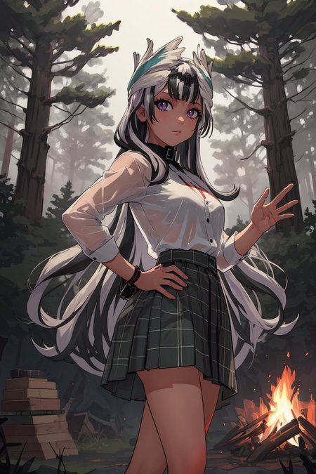 masterpiece, best quality, 1girl, solo, standing, facing viewer,<lora:EPfeVeyle-07:1>, EPfeVeyle, 1girl, long hair, multicolored hair, white hair, black hair, leading lines, cabin, forest, campfire, evening, pray hand on hip, see-through shirt, plaid_skirt, relaxed