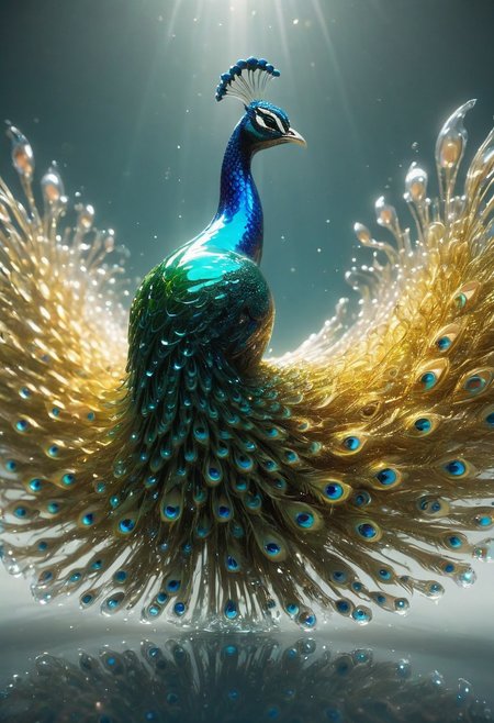 A peacock, an abstract shape, amazingly fluid, made of glass, detailed, 3d fractals, light particles, water drops, shimmering light, surreal, ink, smooth, shimmering, glow, cinematice contrast, Glow, 
16k