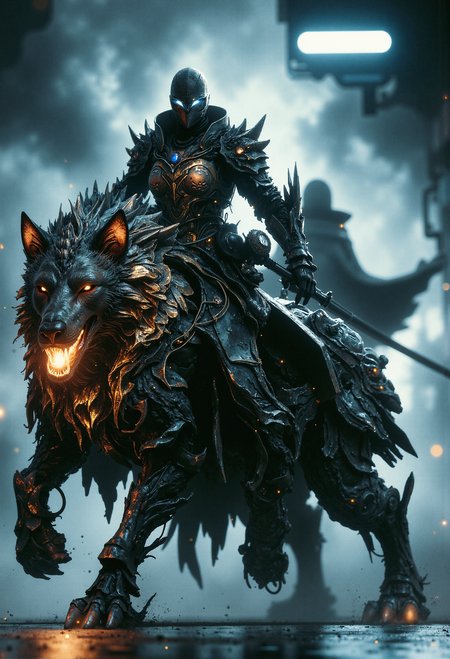 Futuristic rider, piloting a massive robotic wolf, neon lights reflecting on her armor, urban battlefield, mid-charge pose <lora:flux_sparklycism.safetensors:0.5>, <lora:Dever_Flux_Enhancer.safetensors:0.5>,  <lora:Elden_Ring_-_Yoshitaka_Amano.safetensors:1.0>,   <lora:Movie_Portrait.safetensors:0.6>,  <lora:- Flux1 - soothing_atmo_V2.0.safetensors:0.3>,  <lora:lith_mimosa_kiel_grw134_FLUX.safetensors:0.5>,