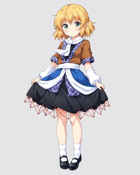 mizuhashi parsee,1girl, solo, arm_warmers, white_scarf, short_sleeves, mary_janes, closed_mouth, white_sash, black_footwear, full_body, medium_breasts, looking_at_viewer, black_skirt, simple_background, brown_jacket, white_socks, blush, multicolored_clothes, brown_shirt, white_background
<lora:mizuhashi_parsee_image5693_2023-12-17-000005:1>,star-shaped_pupils,symbol-shaped_pupils,. gorgeous,key visual, vibrant, studio anime,award-winning, professional, highly detailed,high budget, cinemascope