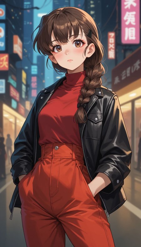 score_9, score_8_up, score_7_up, score_6_up, , solo, looking at viewer,  
 <lora:Ruri:1> single braid, long sleeves, hair over shoulder, brown eyes, long hair, bangs, 1girl, blush, braided ponytail, hairclip, hair ribbon, depth of field, makeup, leather jacket, turtleneck, high waist pants, hand on pocket, Cyberpunk, street
