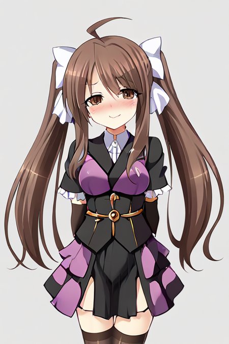 (((masterpiece))),((best quality)),<lora:Quan_XL:0.3>,1girl,solo,twintails,(blush),long hair,white bow,ahoge,medium breasts,white background,looking at viewer,incredibly absurdres,smirk,(corruption:0.9),<lora:wy3:0.9>,<lora:DetailedEyes_V3:1>,arms_behind_back,cowboy_shot,adorable_girl,(brown hair:1.1),black thighhighs,brown eyes,<lora:add-detail-xl:1>,<lora:flat_sdxl:1>,print_kimono,