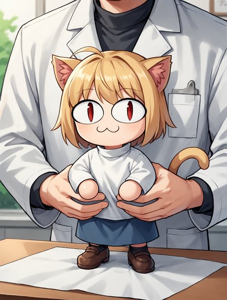score_9, score_8_up, score_7_up, score_6_up, source_anime, BREAK
vetcheck, male, human, face out of frame, veterinarian, lab coat, inspection, hands, holding animal, animal focus, inspection table,  <lora:Veterinarian_inspection:0.55>,
BREAK  <lora:necoarc-guy-PONYv1_1:1> necoarc, :3, slit pupils, red eyes, blonde hair, cat ear, closed mouth, turtleneck shirt, blue skirt, brown footwear,