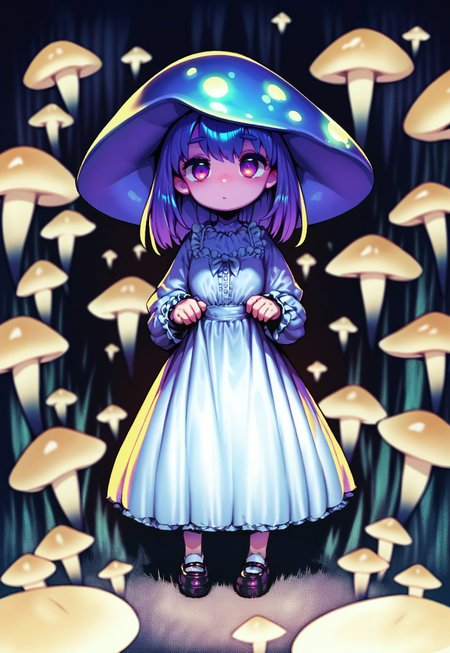 score_9, score_8_up, score_7_up, score_6_up, <lora:GyokaiXL_P6_lokr_V53P1:0.95>, extremely detailed,  source_anime, night time, solo, dark background, mini girl, mushroom girl, beautiful face, mushroom head, tree canopy, sleepy expression, (mystical forest background), looking, pose, mary janes, (glowing mushrooms), standing on stump, cute flowing dress, surrounded by mushrooms, 