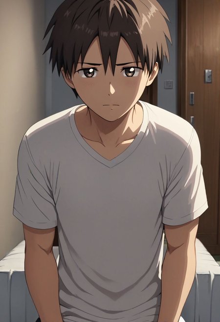 high resolution, solo, best quality, 1Boy, Takaki Toono, Brownish Hair, Brown Eyes, kabedon POV, T-Shirt, OverallDetail
