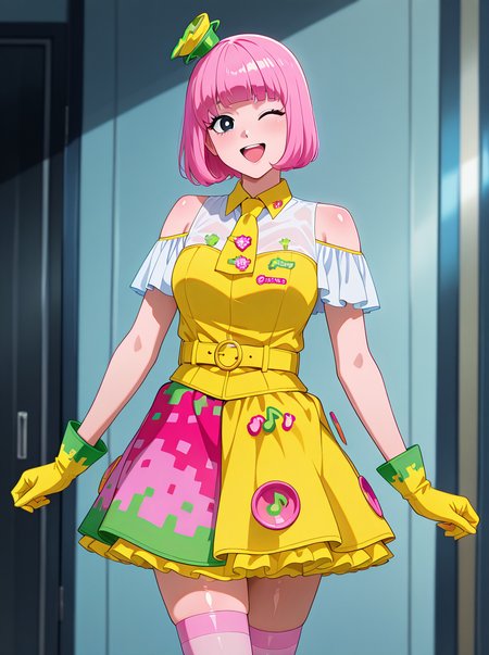 masterpiece, best quality, amazing quality, very aesthetic, absurdres, newest,shiny skin anime screenshot,  anime coloring,     <lora:PoppyIllust:1>1girl, solo, poppyillust, pink_hair, , gloves, smile, thighhighs skirt, minihat, black_eyes  smile, wink open mouth,