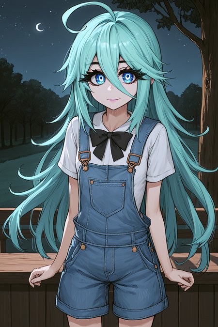 score_9, score_8_up, score_7_up, score_6_up, [score_5_up::0.5], [score_4_up::0.3],
detailed background, night, dark background,
1girl, solo, cowboy shot, looking at viewer,
outdoors, night, tree,
long hair, aqua hair, hair between eyes, sidelocks, ahoge,
blue eyes, brilliant eyes, tsurime, thick eyelashes, long eyelashes, (black eyelashes:1.3),
closed mouth, smile, parted lips, pink lips,
small breasts, school uniform, overalls,
<lora:Blacksouls-PonyXL-1024px:1> source anime,
 <lora:Pony_DetailV2.0:1>