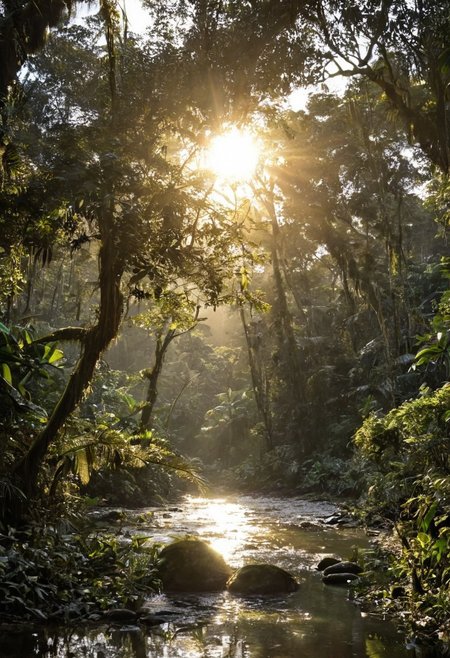 majestic untouched rainforest, golden sunlight piercing through dense canopy, wildlife thriving, river reflections, ultra-realistic, cinematic