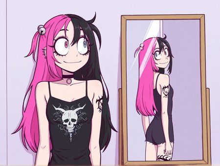 high quality, best quality, masterpiece, highres, very aesthetic, absurdres, detailed hair, <lora:NSFWFilter_illusXL_Incrs_v1:-.5>, solo , upper body, mirror, reflection, 
punk, hair bell, (multicolored hair), split-color hair, hot pink hair, heterochromia, eyeliner, eyeshadow, makeup, multiple piercings, (complex tattoos), (arm tattoo:1.3, leg tattoo:1.3), small breasts, smiling, collarbone, choker, 
, <lora:HoneyMapache:.9>, big eyes, skinny