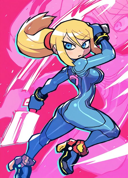 <lora:rariatooILLUS:1> rariatoo,
(masterpiece), (best quality), (ultra-detailed), amazing quality, very aesthetic, illustration, perfect composition, intricate details, absurdres, incredibly absurdres, shiny skin, realistic,
dynamic pose, perspective, rariatoo, 1girl, samus aran, zero suit, blonde hair, holding weapon, blue eyes, paralyzer, ponytail, holding gun, blue bodysuit, handgun, breasts, high heels, looking at viewer, mole under mouth, closed mouth, long hair