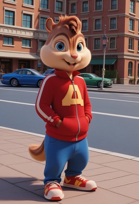 Score_9, score_8_up, score_7_up, source_furry, Alvin Seville, chipmunk, chipmunk male, furry male, furry, 3d, render, movie screencap, blue eyes, red track suit, blue jeans, sneakers, tail, hands in pockets, New York, City, buildings, streets, sidewalk, standing , looking at viewer, <lora:Alvin _Seville __Alvin_and_the_Chipmunks__CG_Movie_version:0.8>