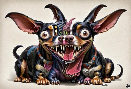 photorealistic high details, siamese twins fleshmutant skinny fuzzy baby mooron mad random color smiling lady dobermann full tail and full ginormous ears, shortest legs, high with meth, striped black and white, dog abomination with huge eyes , wearing an italian fancy hat,art by pixar , biotech inserts, fighting a big rabbit hidden in a hole in the big yellow wall, all inside an italian gim <lora:Fleshmutant_R2-000003:1>