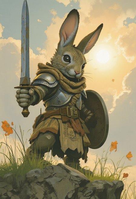comic art by Mike Allred, 
A humanoid rabbit warrior stands valiantly on a grassy hilltop, bathed in the light of the setting sun. Clad in intricately designed armor that combines elements of medieval and fantasy styles, the rabbit's long ears are adorned with silver rings. In one hand, it holds a gleaming sword, while the other clutches a shield emblazoned with a family crest. The warrior's eyes are fierce and determined, reflecting the resolve to protect its homeland, 
in the style of decaying animatronic, claymation, VHS screen grab, grainy, old footage, in the style of an old 80's VHS dark fantasy, VHS screen grab, grainy, old footage
art by torikun, SentinelBot, OBxiaoxiang