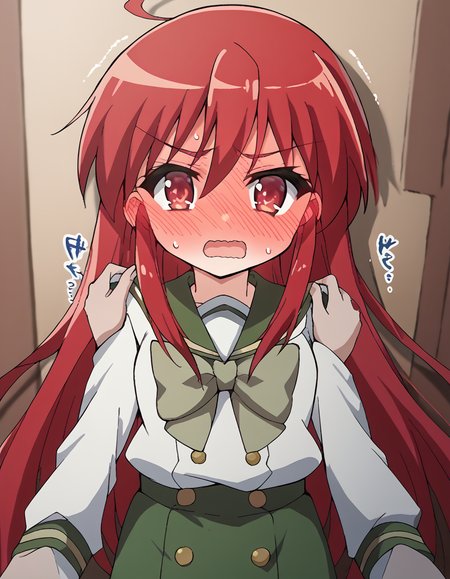 score_9, score_8_up, score_7_up, source_anime, <lora:shakugan-no-shana-s1-ponyxl-lora-nochekaiser:1>, shana, long hair, red hair, red eyes, ahoge, sidelocks,, school uniform, serafuku, bowtie, green bowtie, white shirt, green sailor collar, long sleeves, green skirt, buttons, thighhighs,, bookstore, browsing shelves, new book smell, finding a favorite, quiet atmosphere, , <lora:full-face-blush-ponyxl-lora-nochekaiser:1>, full-face blush, embarrassed, blush, sweat, ear blush, blush, wavy mouth, trembling, open mouth, <lora:hands-on-anothers-shoulders-ponyxl-lora-nochekaiser:1>, hands on another's shoulders, pov, pov hands, cowboy shot,, looking at viewer, solo,, dutch angle, cowboy shot