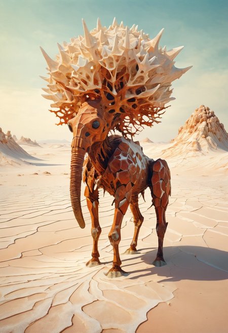 white desert oasis, salty earth, hyper detailed,  rusty, striking, animalistic, bite-sized, by Floris van Schooten  and by richard avedon, famous artwork inspired by (beeple:1.3) and (cliff nielsen:1.4), crystalline, fractal art, fantasy style, this peculiar life form, the "inquisitive plerkblortz" hides in the gnarling dense crystal jungles of the puffalorpled exoplanet "gazorpazorp secundus", covered in a metallic exoskeleton it ambushes its prey with (long crystalline appendages:1.4), dark, shadows, black, shadow hues, highly artistic, highly painterly, harmonic colors, expressive, ultimate aesthetic level, visible brushstrokes, masterclass artistry, vibrant energy, apocalyptic mood, atmospheric haze and dense fog, strong winds,  highly aesthetic, otherworldly, limited palette,  faded colors, washed out colors, extremely dark, extremely low key lighting, dark shadows, perfect composition, full panoramic shot