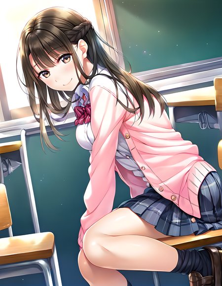<lora:pony_xl_ayame:0.8>,ayame,score_9,score_8_up,score_7_up,source_anime,1girl,smile,:d,cowboy_shot,city,cityscape,school uniform,open clothes,red bow,pink cardigan,white collared shirt,blue pleated skirt,plaid skirt,striped,socks,black_loafers,classroom,:d,sitting_on_chair,